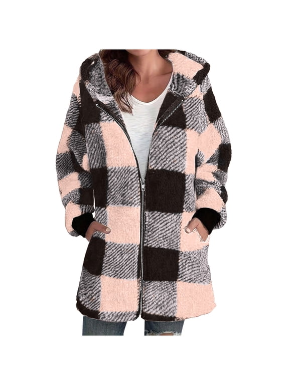 Womens Fleece Zip Up Jacket Oversized Long Sherpa Hoodie Warm Fuzzy Jackets Flannel Plaid Plush Coats,Fluffy Teddy Coat,Thermal Lined for Fall Winter Outdoor Activities,Side Pockets,Long Sleeves