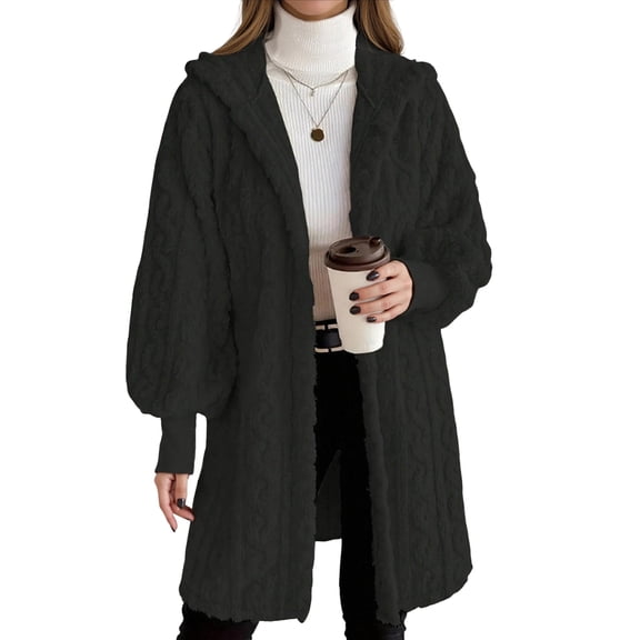 Womens Fleece Zip Up Jacket 2025 Oversized Trendy Long Sherpa Hoodie Casual Fuzzy Jackets Warm Teddy Coat with Pockets Black S