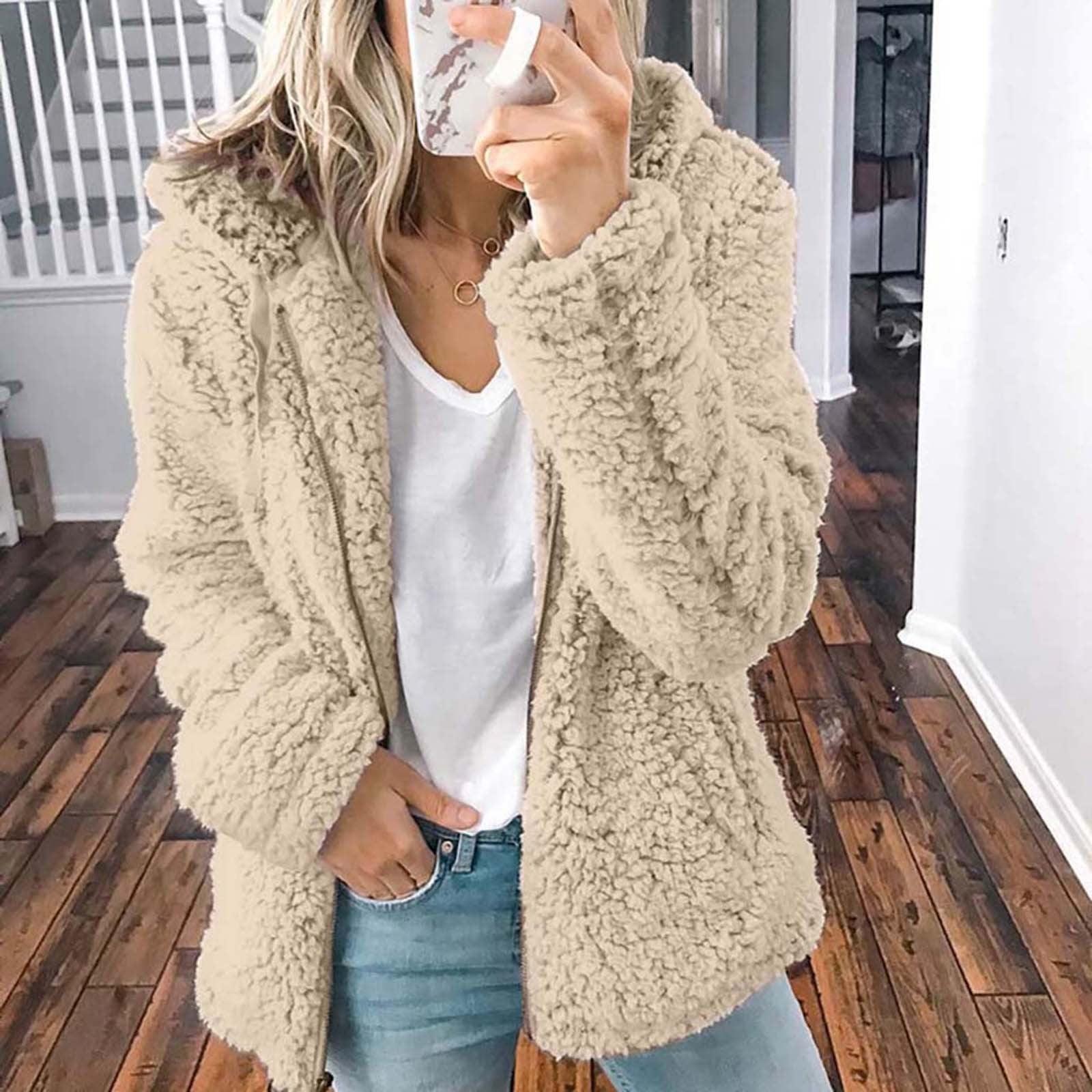 Womens Fleece Zip Up Jacket Plush jacket women s hooded solid color Casual Warm Jacket Stylish Cute Fuzzy Jacket Sherpa Jacket Women Walmart