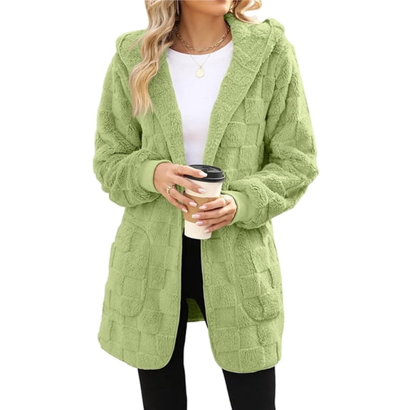Womens Fleece Zip Up Jacket with Pockets Oversized Long Hoodie Fuzzy Long Sleeves Jackets Warm Teddy Coat Green S