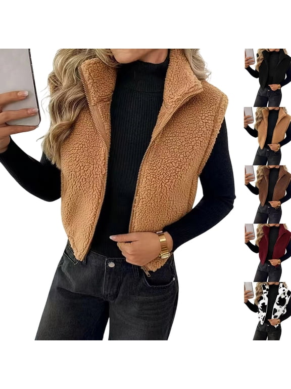 Womens Fleece Zip Up Vest Stand Collar Sleeveless Cropped Sherpa Waistcoat Casual Outerwear Layering Jacket for Fall Winter Daily Commute Outing,L,Camel