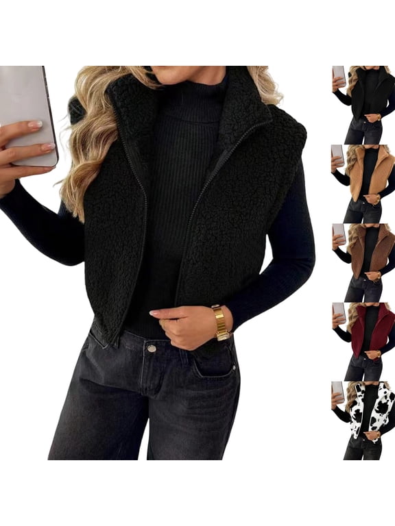 Womens Fleece Zip Up Vest Stand Collar Sleeveless Cropped Sherpa Waistcoat Casual Outerwear Layering Jacket for Fall Winter Daily Commute Outing,S,Black