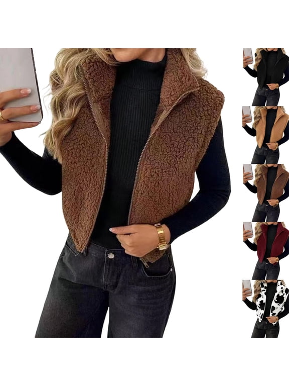 Womens Fleece Zip Up Vest Stand Collar Sleeveless Cropped Sherpa Waistcoat Casual Outerwear Layering Jacket for Fall Winter Daily Commute Outing,S,Coffee