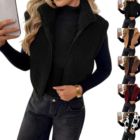 Womens Fleece Zip Up Vest Stand Collar Sleeveless Cropped Sherpa Waistcoat Casual Outerwear Layering Jacket for Fall Winter Daily Commute Outing,XL,Black