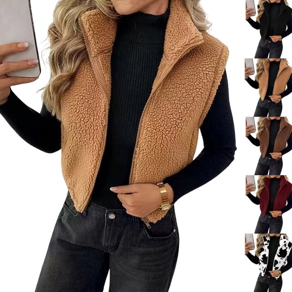 Womens Fleece Zip Up Vest Stand Collar Sleeveless Cropped Sherpa Waistcoat Casual Outerwear Layering Jacket for Fall Winter Daily Commute Outing,XL,Camel