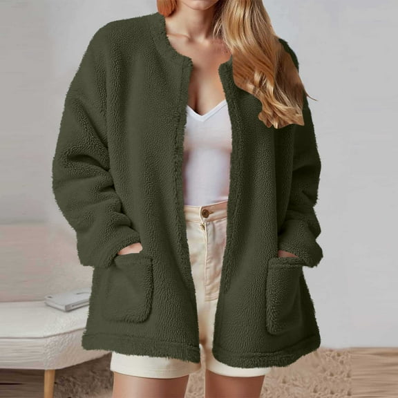 Womens Fleece Zip up Jacket Long Sleeve Casual Fuzzy Coat Winter Fall Lightweight Comfy Warm Outwear with Pockets New Army Green S