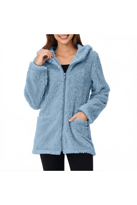 Womens Fleece Zip up Jacket with Pockets Oversized Long Plush Hoodie Fuzzy Jackets Warm Teddy Coat for Winter Casual Cardigan Blue XL
