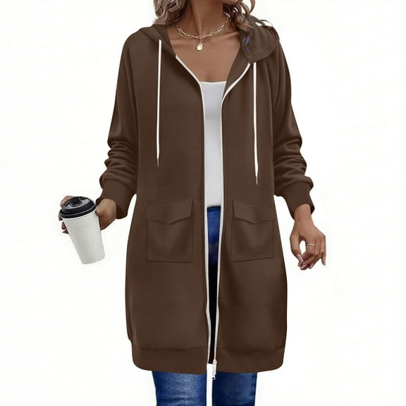 Womens Fleece Zipper Jackets Hooded Pocket Long Sleeved Casual Loose Solid Color Knee Length Long Jackets Brown L
