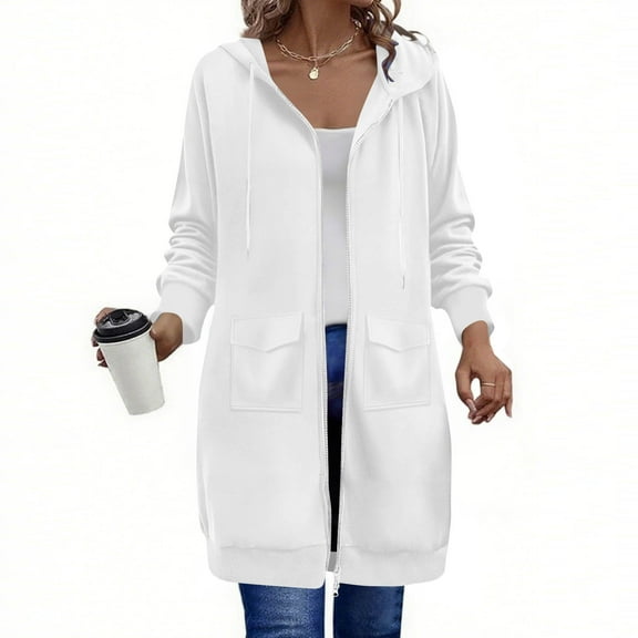 Womens Fleece Zipper Jackets Hooded Pocket Long Sleeved Casual Loose Solid Color Knee Length Long Jackets White L