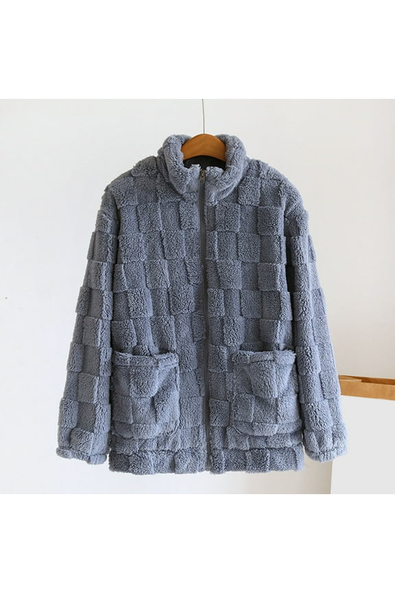 Womens Fleece Zipper Jackets Pockets Long Sleeve Casual Loose Solid Color Jacket Hoodless Casual Outwear Blue M