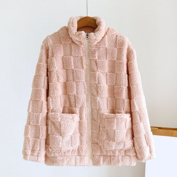 Womens Fleece Zipper Jackets Pockets Long Sleeve Casual Loose Solid Color Jacket Hoodless Casual Outwear Pink L
