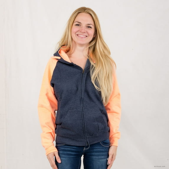 Womens Fleece full Zippered Hoody Fashion Hoodie Navy Orange-M