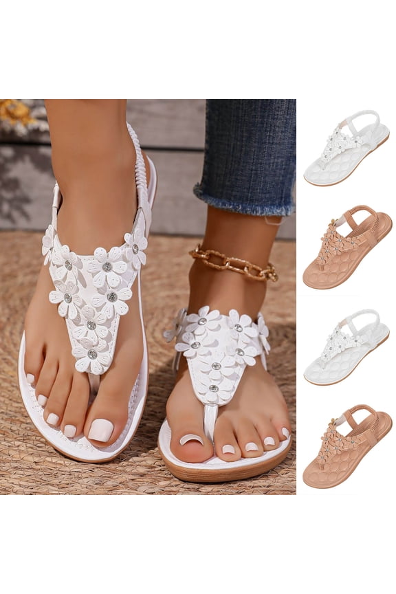 Womens Flip Flops Casual Boho Flat Heel Open Toe Elastic Straps Slip-on Slides Thong Summer Beach Walking Comfortable Lightweight Shoes