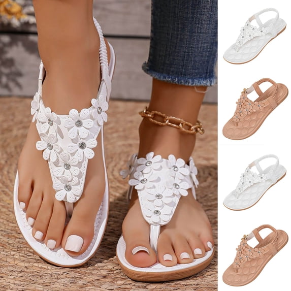 Womens Flip Flops Casual Boho Flat Heel Open Toe Elastic Straps Slip-on Slides Thong Summer Beach Walking Comfortable Lightweight Shoes