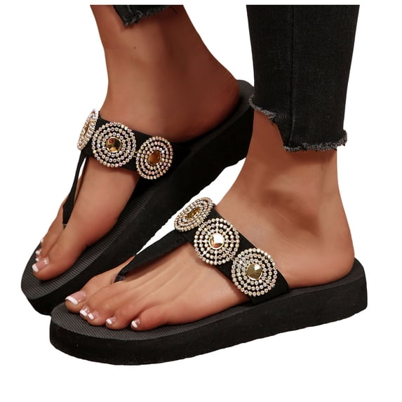 Womens Flip Flops Rhinestone T-Strap Platform Sandals Elegant Beaded Slip on Slides 2026 Beach Vacation Slippers Beige Size 7.5