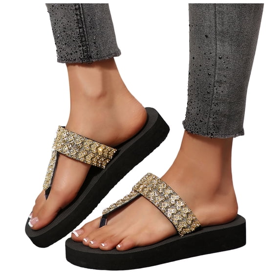 Womens Flip Flops Rhinestone T-Strap Platform Sandals Elegant Beaded Slip on Slides 2026 Beach Vacation Slippers Gold Size 7
