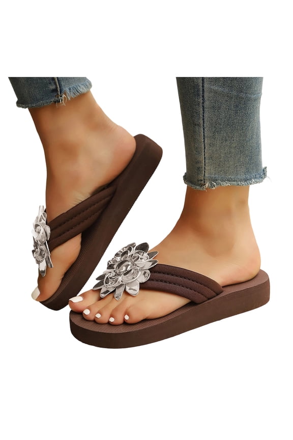 Womens Flip Flops Summer Classic Thong Sandals Flower Non Slip Breathable Summer Slippers Comfortable Beach Shoes Brown Size 7