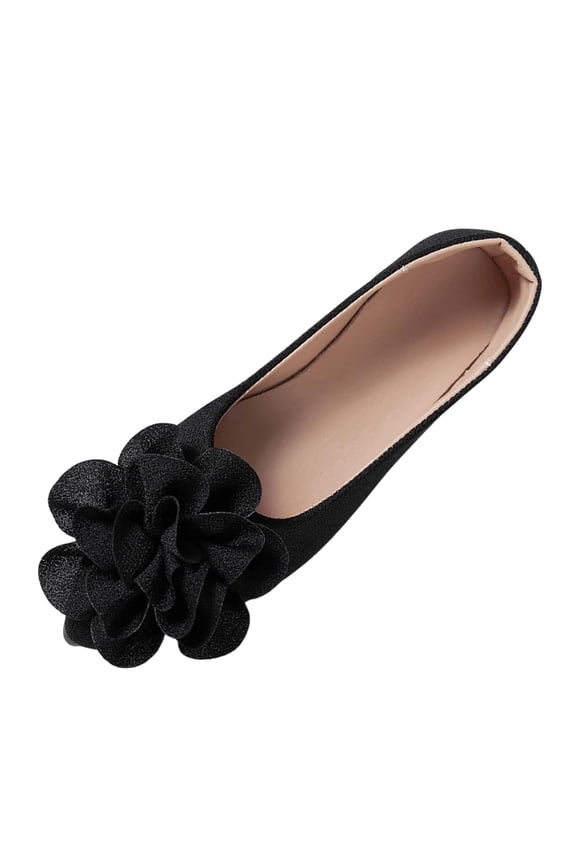Womens Flocked Ballet Flats, Pointed Toe, 3D Floral Applique, Comfort Slip On Shoes Black,Size 9