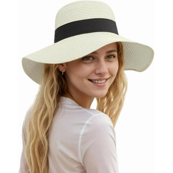 Womens Floppy Beach Sun Straw Hat Foldable Travel Wide Brim Summer Bucket Hat UPF 50 