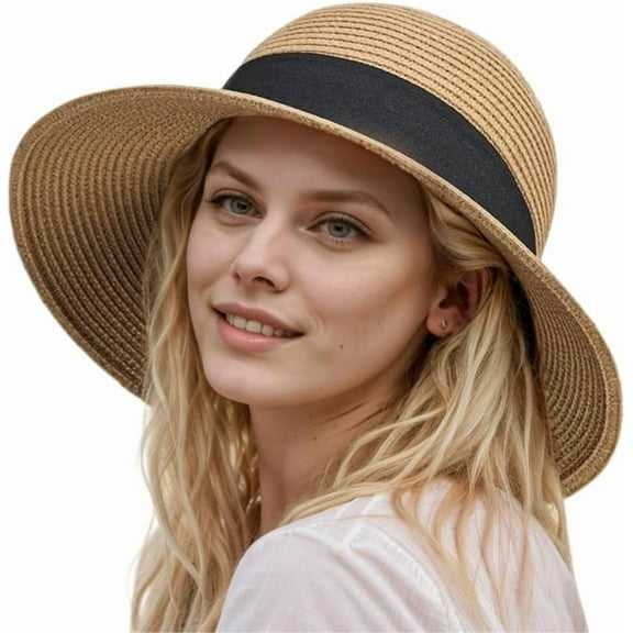 Womens Floppy Beach Sun Straw Hat Foldable Travel Wide Brim Summer Bucket Hat UPF 50 