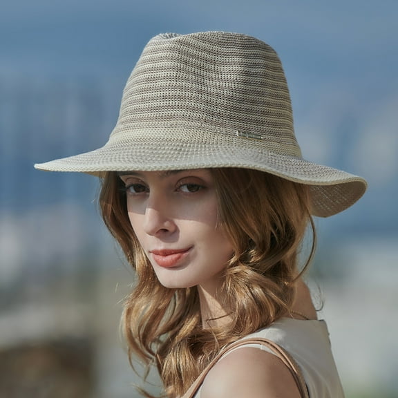 Womens Floppy Straw Sun Hat Foldable Packable Wide Brim Summer Beach Hat Crochet Bucket Hat