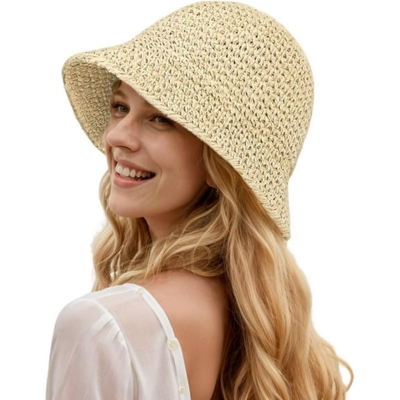 Womens Floppy Straw Sun Hat Packable Wide Brim Summer Beach Hat Foldable Crochet Bucket Hats