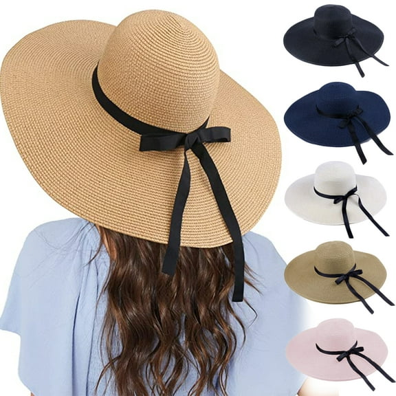 Womens Floppy Summer Sun Beach Straw Hat, Foldable Wide Brim Hats with Bowknot UPF50