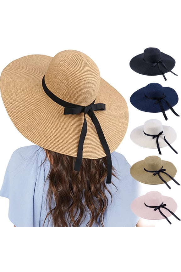 Womens Floppy Summer Sun Beach Straw Hat, Foldable Wide Brim Hats with Bowknot UPF50