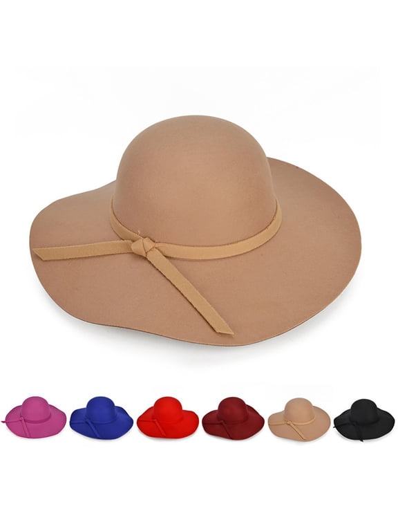 Womens Floppy Wide Brim Wool Felt Bowler Beach Sun Hat Summer