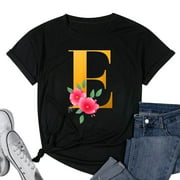 Womens Floral Alphabet E Cute Initial Monogram Letter E Graphic T-Shirt Black Small