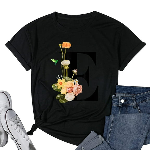Womens Floral Alphabet Letter E Initial T-Shirt Black 2X-Large