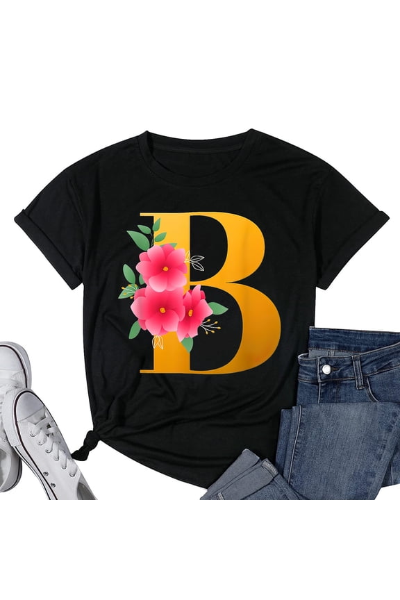 Womens Floral B Alphabet Cute Initial Monogram Letter B Graphic T-Shirt Black Small
