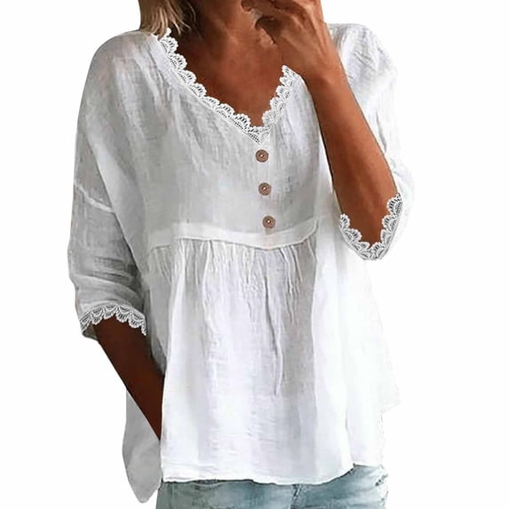 Womens Floral Babydoll Tops,3/4 Puff Sleeve Pleated Blouse Peplum Tops For Women Embroidered Tops Boho Floral Tops Lightweight Gauze 3/4 Sleeve Blouses Casual Summer Shirts Peasant Blouses L