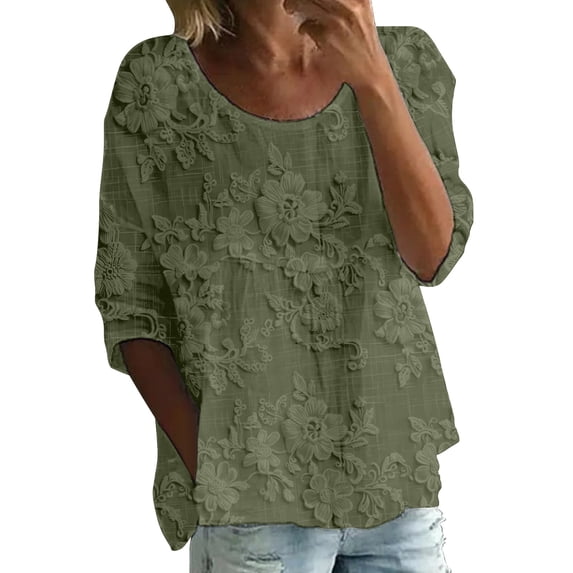 Womens Floral Babydoll Tops,Crewneck Short Sleeve Shirts Office Work Tops Embroidered Tops Boho Floral Tops 3/4 Puff Sleeve Pleated Blouse Womens Boho Tops Loose Fit Tunic Top 5XL
