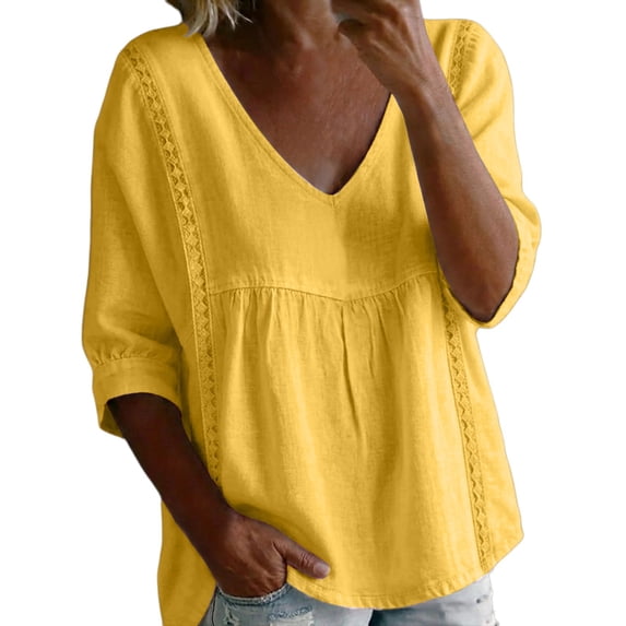 Womens Floral Babydoll Tops,Lace 3/4 Sleeve Flowy Tunic Embroidered Tops Plus Size Bohemian Clothes Office Work Tops Beach Vacation Blouses Womens Summer Tops Business Casual Outfits M