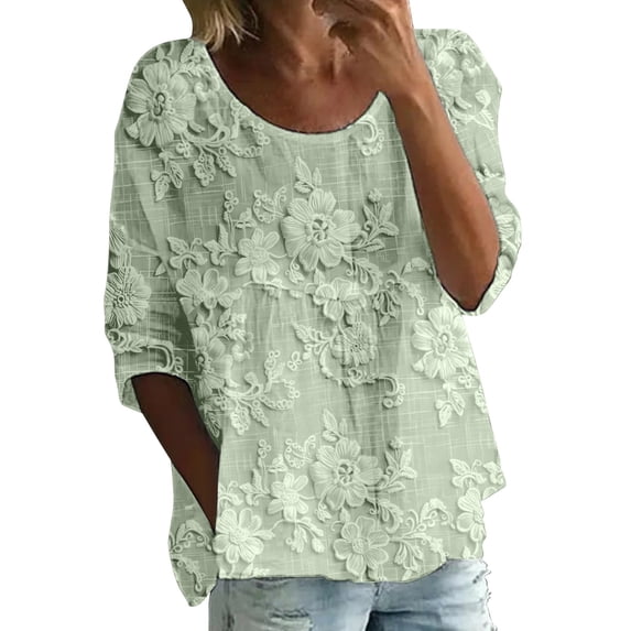 Womens Floral Babydoll Tops,Peasant Blouses Plus Size Bohemian Clothes Crewneck Short Sleeve Shirts Loose Fit Tunic Top 3/4 Puff Sleeve Pleated Blouse Office Work Tops Casual Summer Shirts S