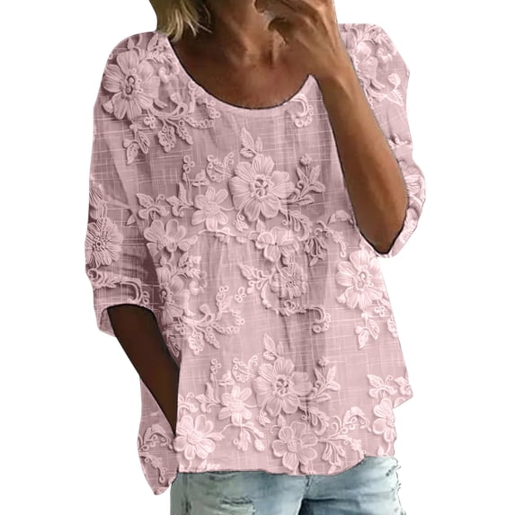 Womens Floral Babydoll Tops,Peplum Tops For Women Boho Floral Tops Lace 3/4 Sleeve Flowy Tunic Women'S Print T Shirt Beach Vacation Blouses Womens Boho Tops Elegant Loose Fit Top 3XL