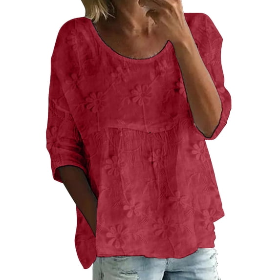Womens Floral Babydoll Tops,Women'S Print T Shirt Lightweight Gauze 3/4 Sleeve Blouses Boho Floral Tops Embroidered Tops Puff Sleeve Peplum Tops Crewneck Short Sleeve Shirts 4XL