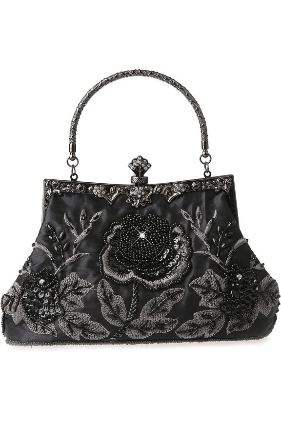 Womens Floral Beaded Rhinestone Embroidery Clutch Sequin Crossbody Bag Evening Handbag for Bril Wedding Party Prom | , Floral, Beaded, Rhinestone, Embroidery, Sequin