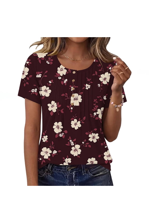Womens Floral Blouse Short Sleeve Pleated Front Relaxed Fit Stretch Button Down Top Brown,Size L