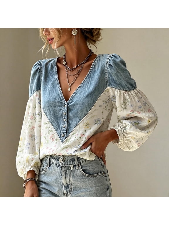 Womens Floral Blouses Casual V Neck Long Sleeve Blouse Floral Print Button Front Fashion Loose Pullover Shirt Patchwork Top