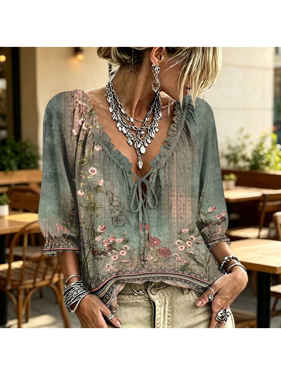 Womens Floral Boho Top Deep V Neck Self Tie Front Ruffled Trim 3/4 Bubble Sleeve Loose Flowy Peasant Blouse Casual Summer Beach Vacation Tops M