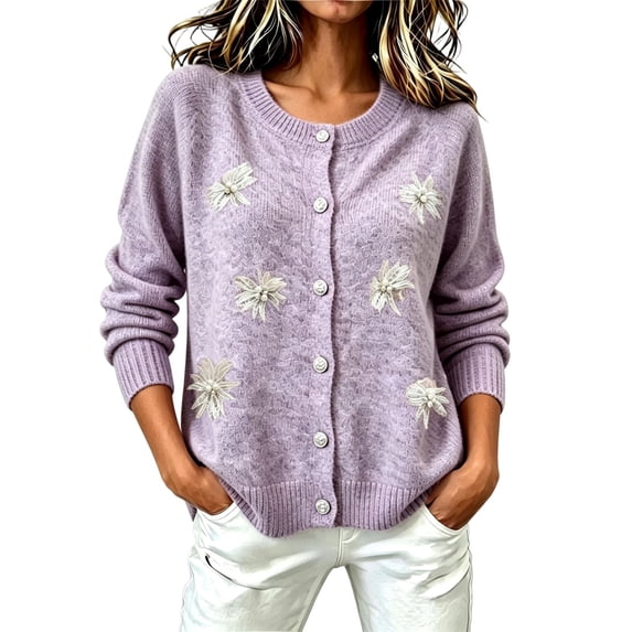 Womens Floral Cardigan Sweater Long Sleeve Crew Neck Button Down Coat Fashion Comfy Casual Loose Knitted Outwear (M, Purple)