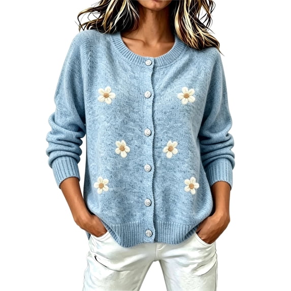 Womens Floral Cardigan Sweater Long Sleeve Crew Neck Button Down Coat Fashion Comfy Casual Loose Knitted Outwear (XL, Sky Blue-A)