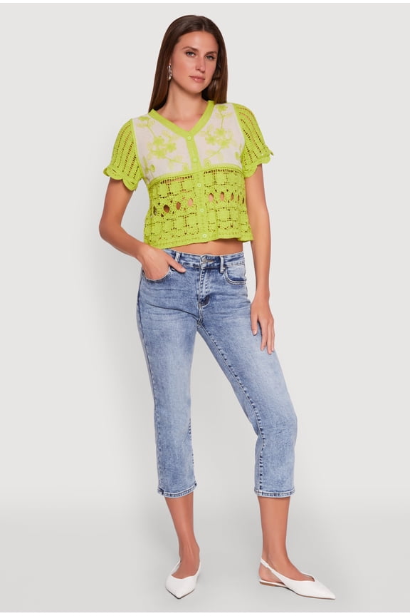 Womens Floral Crochet Button Front Top