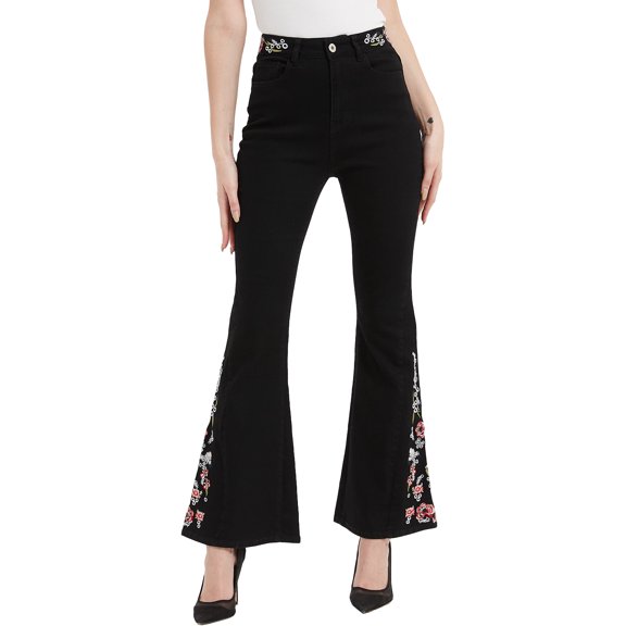 Womens Floral Daisy Embroidered Mid Rise Bell Bottom Flare Frayed Hem Jeans