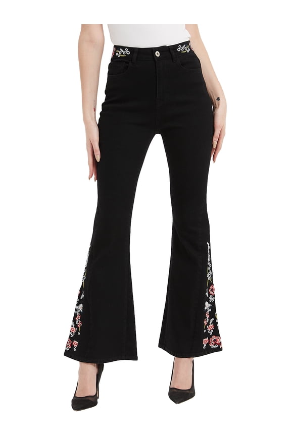 Womens Floral Daisy Embroidered Mid Rise Bell Bottom Flare Frayed Hem Jeans