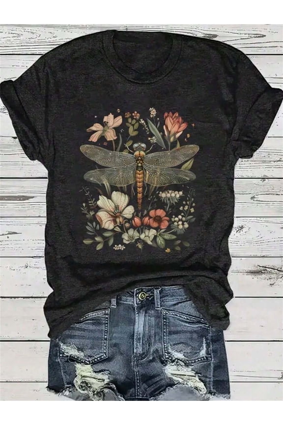 Womens Floral Dragonfly Graphic Tee - Dark Grey, 1 Pack