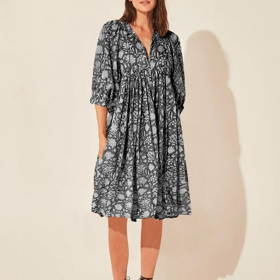 Womens Floral Dress Women's Fall Winter Casual Long Sleeved Solid Color Loose V Neck Fashionable Comfortable Midi Flattering Dresses to Hide Tummy Black S-2XL