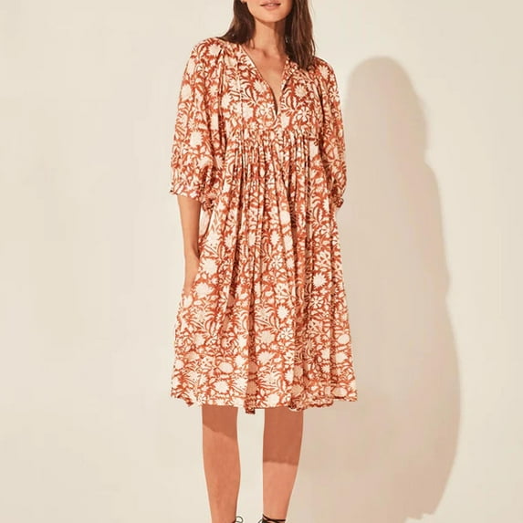 Womens Floral Dress Women's Fall Winter Casual Long Sleeved Solid Color Loose V Neck Fashionable Comfortable Midi Flattering Dresses to Hide Tummy Orange S-2XL